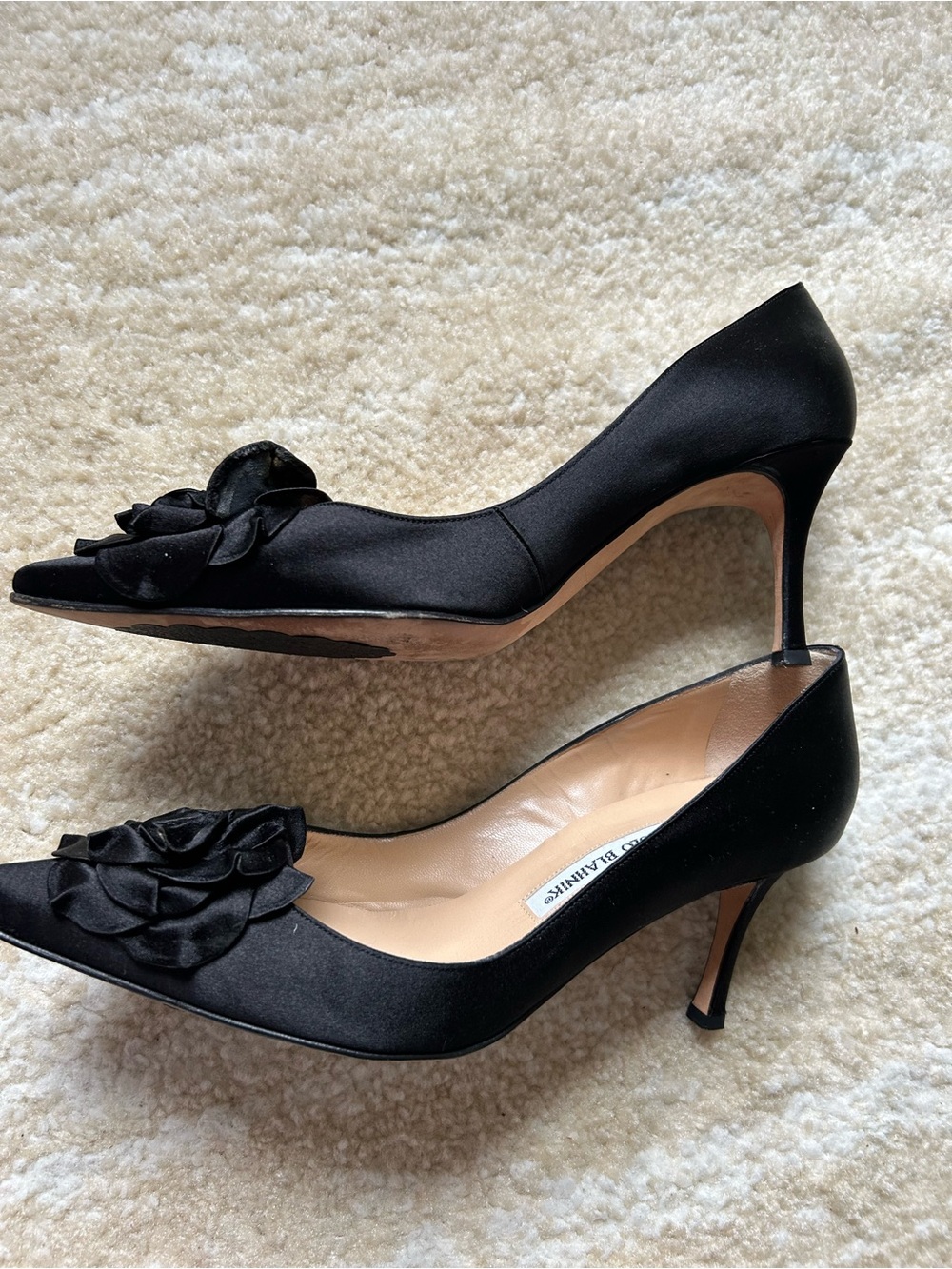 Manolo Blahnik Black Satin Rosette Heels Size 38